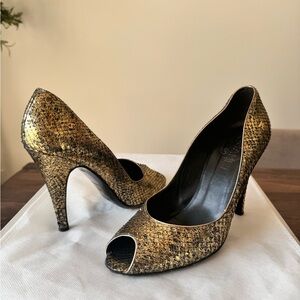 CHANEL Metallic Gold Python Snakeskin Leather CC Logo Peep Toe Pumps